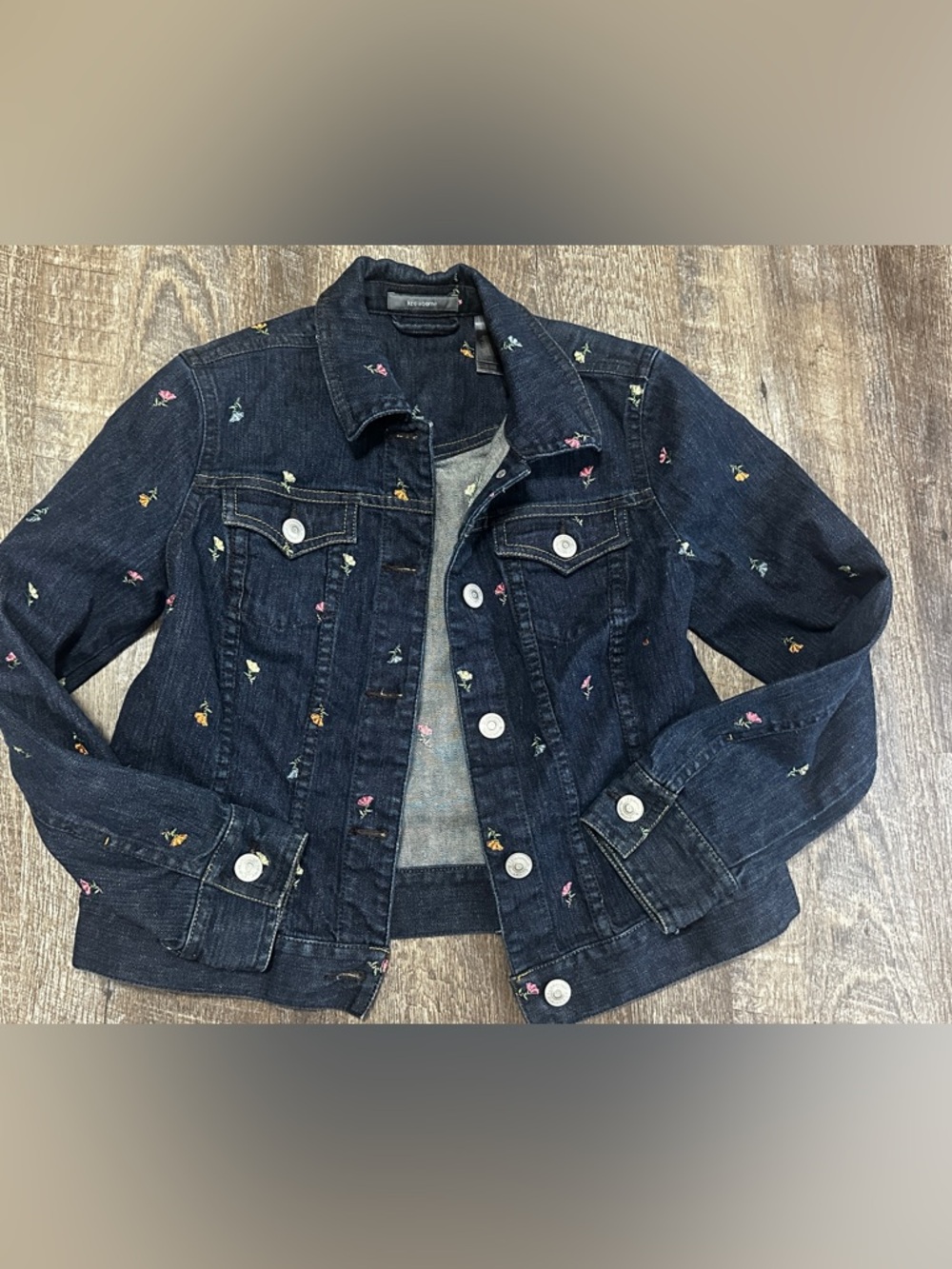 Rare HTF Liz Claiborne Dark Denim Jacket Floral Embroidery Contrast Stitch Med